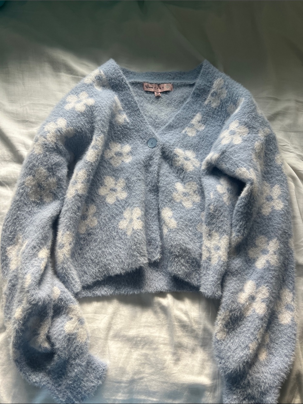 Crave Fame Light Blue Fuzzy Floral V-Neck Cropped Cardigan